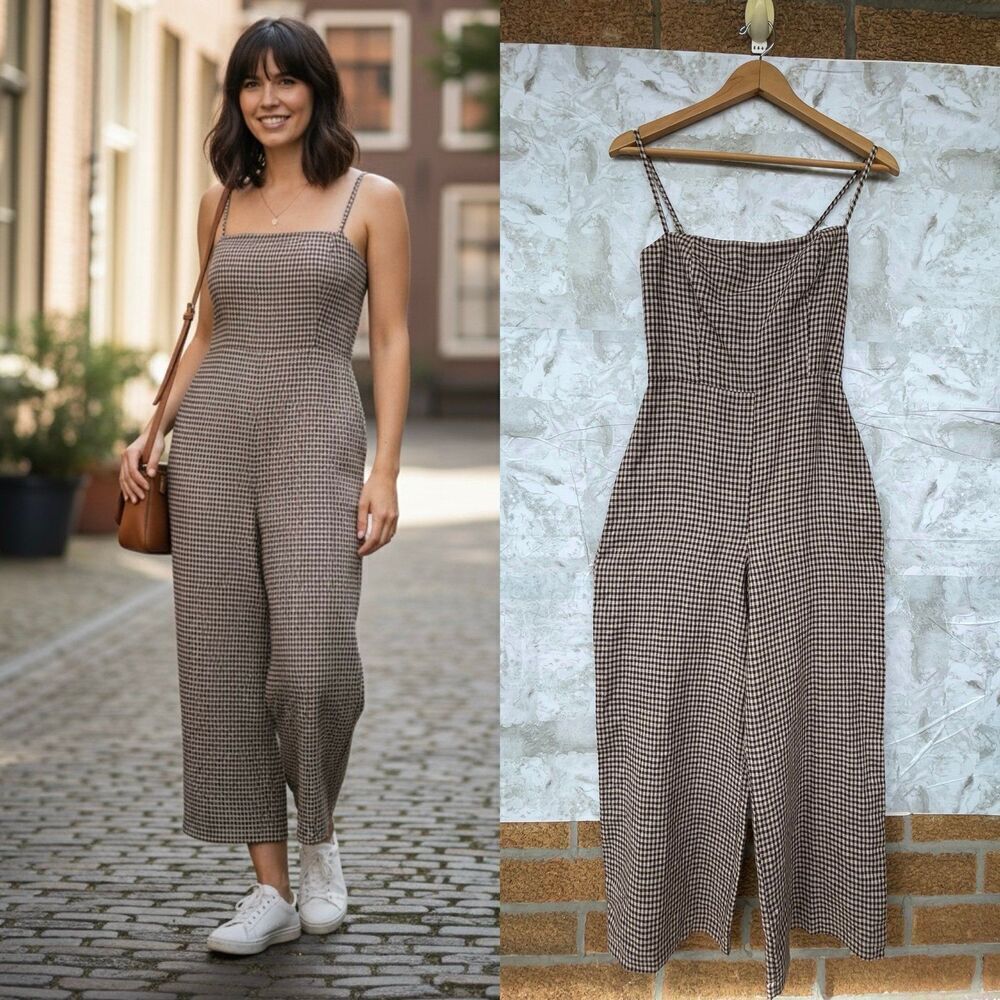 Reformation Overland Linen Jumpsuit In Tartine Check (Brown/Tan Checkered) sz2